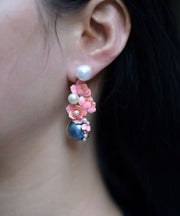 2024 New Pink Sterling Silver Pearl Floral Stud Earrings