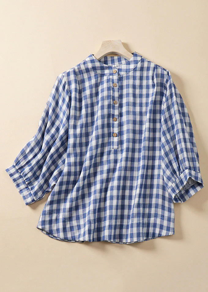 Grace Blue Plaid Stand Collar Cotton Blouses Bracelet Sleeve