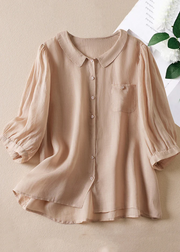 Grace Pink Peter Pan Collar Button Linen Shirt Bracelet Sleeve