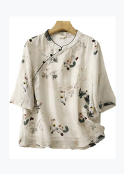 Grace Beige Stand Collar Print Linen Tops Summer