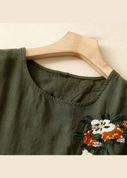 Grace Khaki O Neck Embroidered Linen T Shirts Summer