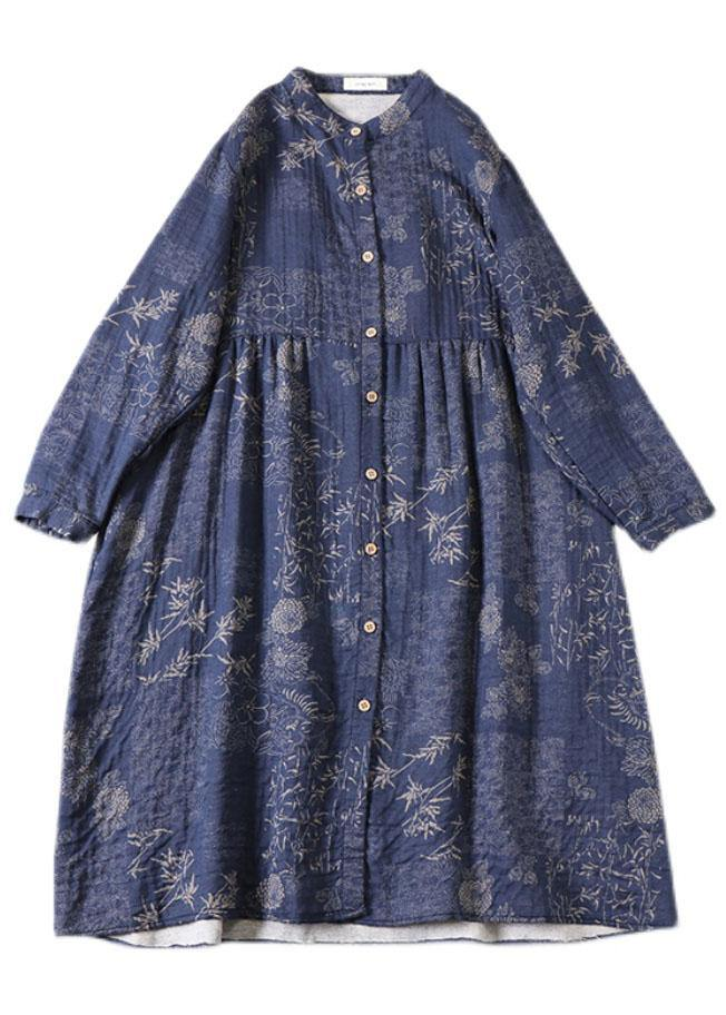 Grace Blue Button Patchwork Pockets Fall Print Long sleeve Dress