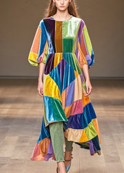 Art Asymmetrical Patchwork Silk Velvet Maxi Dress Half Sleeve