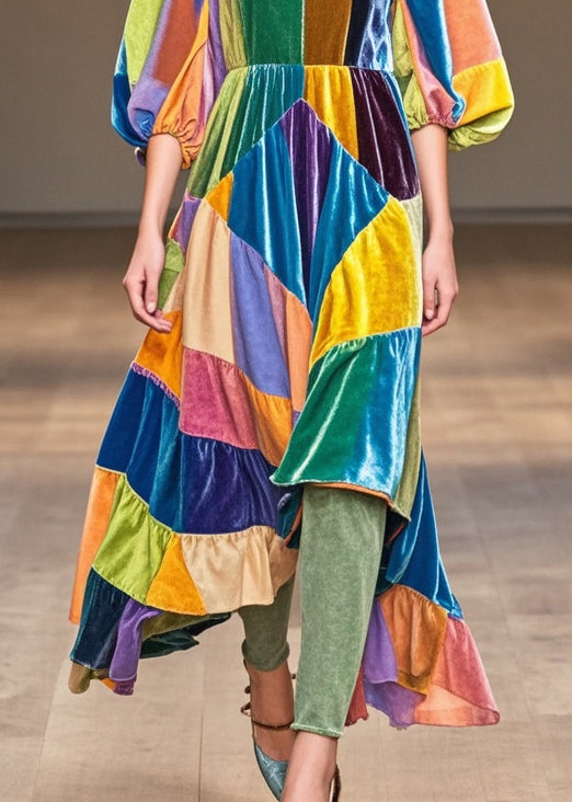 Art Asymmetrical Patchwork Silk Velvet Maxi Dress Half Sleeve