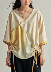 Art Beige Lace Up Patchwork Linen Tops Bracelet Sleeve