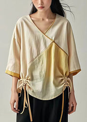 Art Beige Lace Up Patchwork Linen Tops Bracelet Sleeve