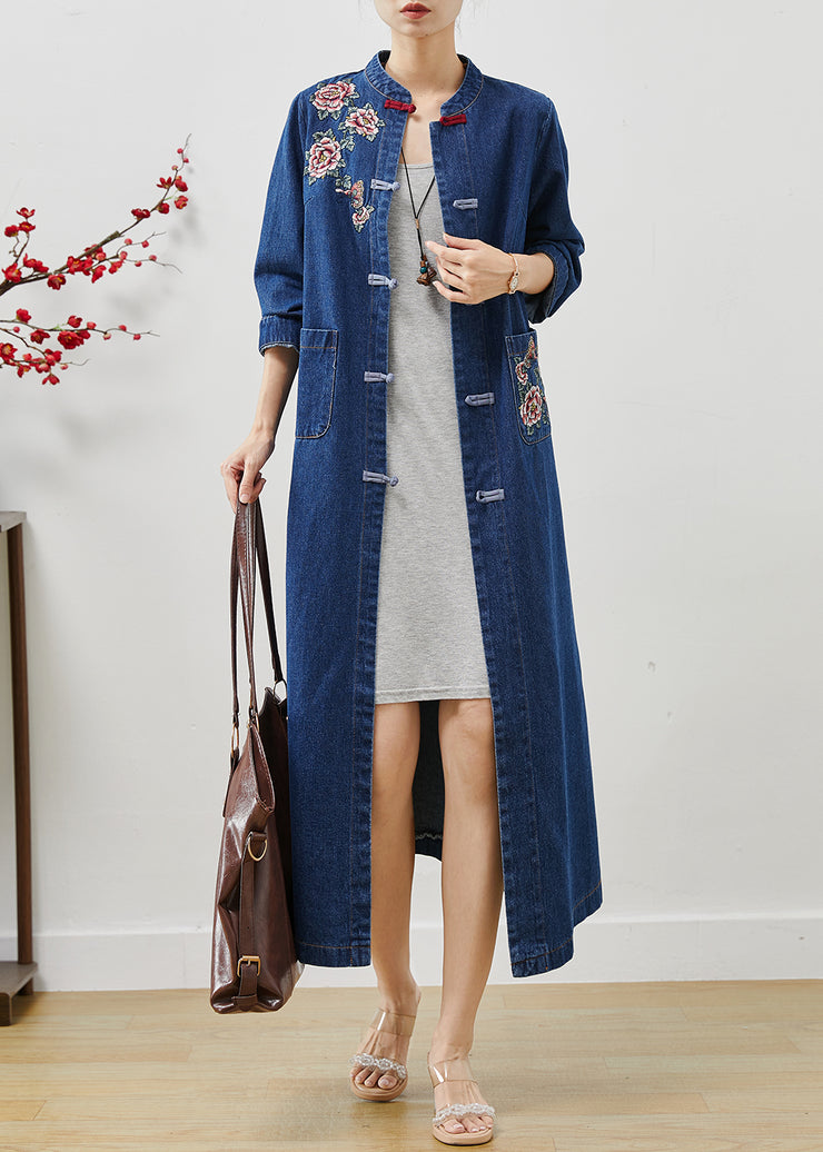 Art Blue Embroidered Floral Chinese Button Denim Trench Fall