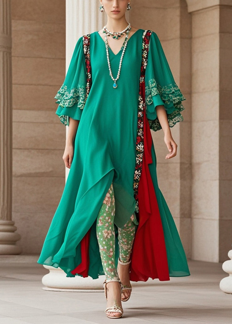 Art Green Asymmetrical Patchwork Chiffon Dress Flare Sleeve