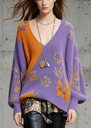 Art Purple Oversized Print Knit Pullover Fall