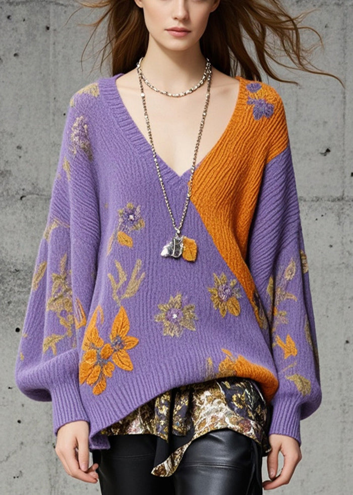 Art Purple Oversized Print Knit Pullover Fall