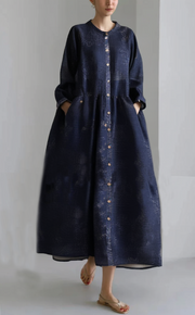 Grace Blue Button Patchwork Pockets Fall Print Long sleeve Dress