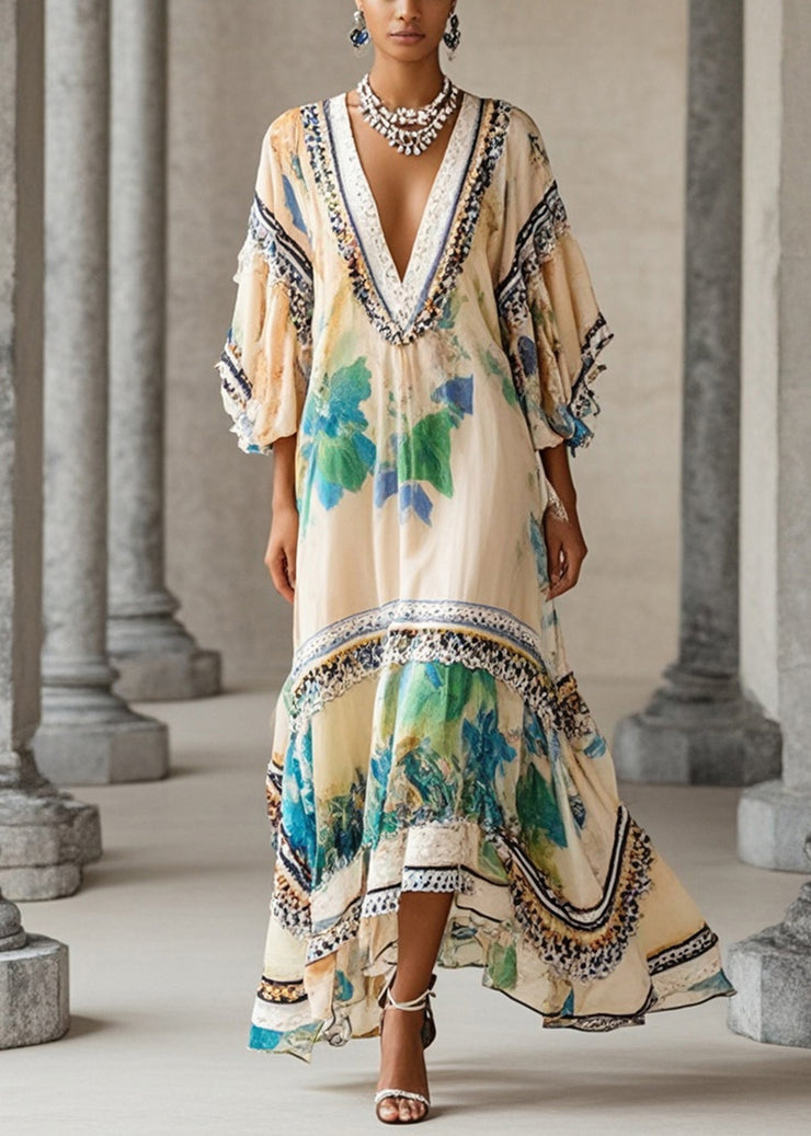 Beautiful Apricot V Neck Print Chiffon Holiday Dress Summer