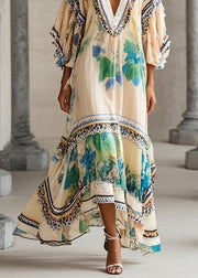 Beautiful Apricot V Neck Print Chiffon Holiday Dress Summer