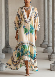 Beautiful Apricot V Neck Print Chiffon Holiday Dress Summer