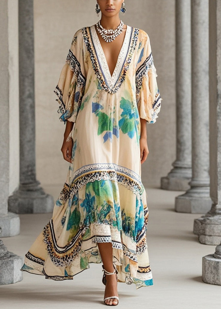 Beautiful Apricot V Neck Print Chiffon Holiday Dress Summer