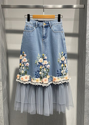 Beautiful Blue Flower Patchwork Tulle Denim Skirts Fall