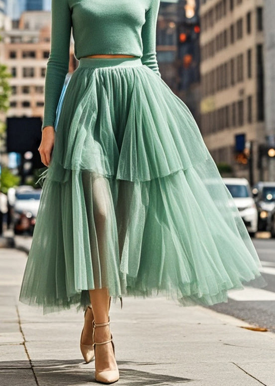 Beautiful Green Exra Large Hem Tulle Pleated Skirt Fall