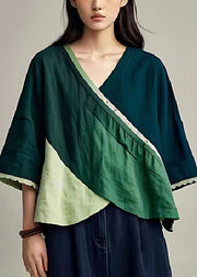 Beautiful Green V Neck Patchwork Linen Top Summer