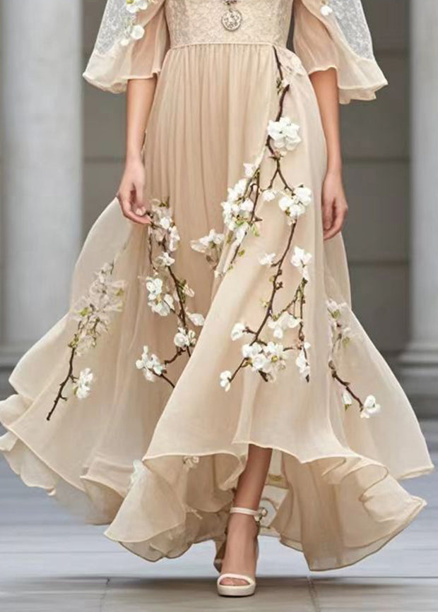 Beautiful Khaki Puff Sleeve Three-dimensional Plum Blossom Chiffon Sundress