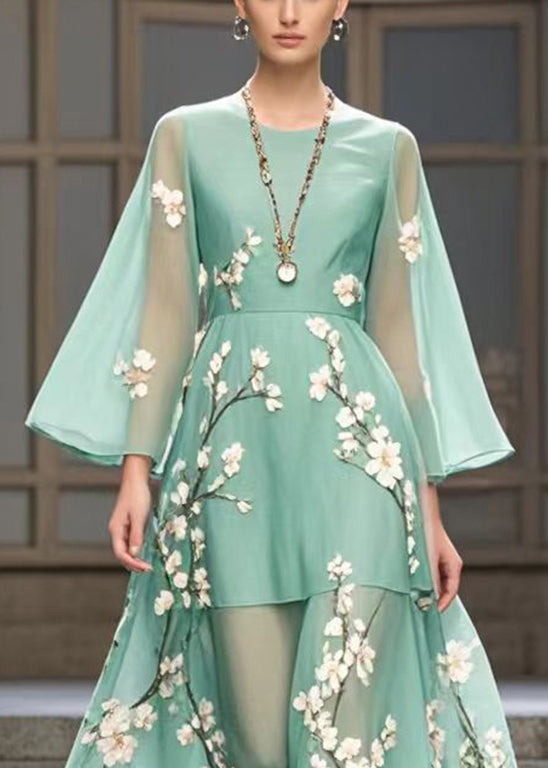 Beautiful Lake Green Plum Blossom Print Chiffon Party Dress Fall