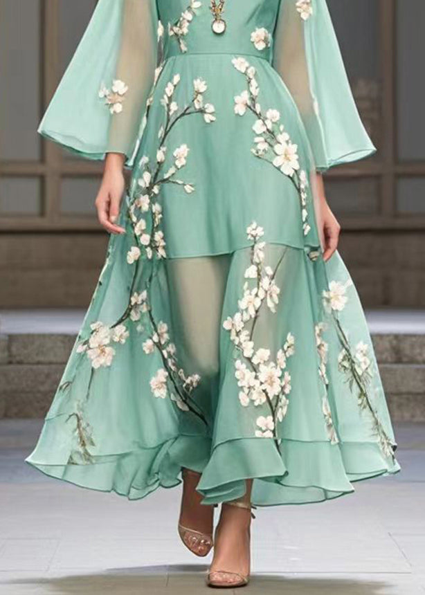 Beautiful Lake Green Plum Blossom Print Chiffon Party Dress Fall