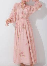 Beautiful Pink Ruffled Print Lace Up Chiffon Dress Fall