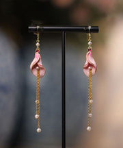 Beautiful Pink Sterling Silver Overgild Pearl Horseshoe Lotus Tassel Drop Earrings