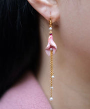 Beautiful Pink Sterling Silver Overgild Pearl Horseshoe Lotus Tassel Drop Earrings