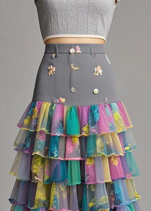 Beautiful Print Patchwork Layered Tulle Silm Fit Skirt Fall