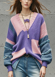 Beautiful Purple V Neck Patchwork Thcik Sweaters Fall