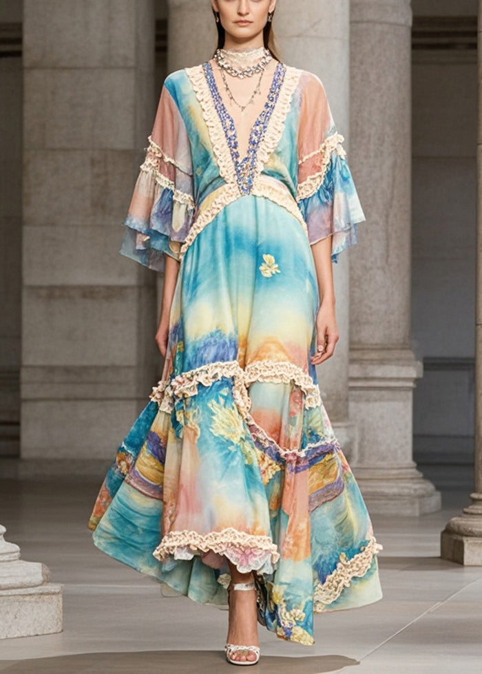 Beautiful Rainbow Ruffled Patchwork Chiffon Maxi Dress Summer