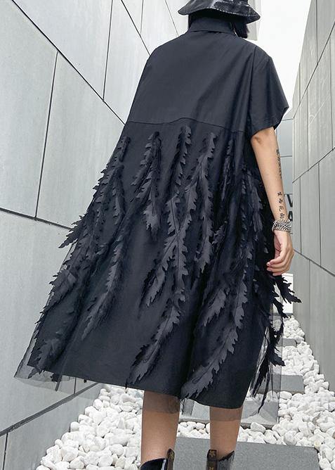 Beautiful lapel tulle Cotton summer clothes For Women Shape black Dress - bagstylebliss