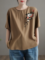 Grace Khaki O Neck Embroidered Linen T Shirts Summer