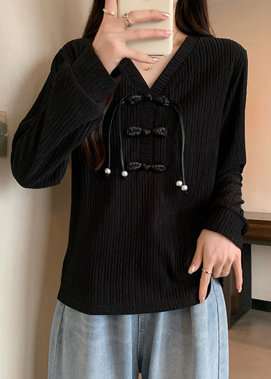 Black Patchwork Cotton Shirt Top V Neck Tassel Fall