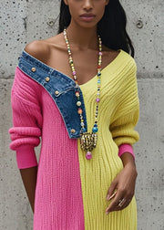 Bohemian Rose Asymmetrical Patchwork Denim Knitted Dress Fall