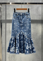 Boho Blue Print Silm Fit Denim Wraped Skirts Fall