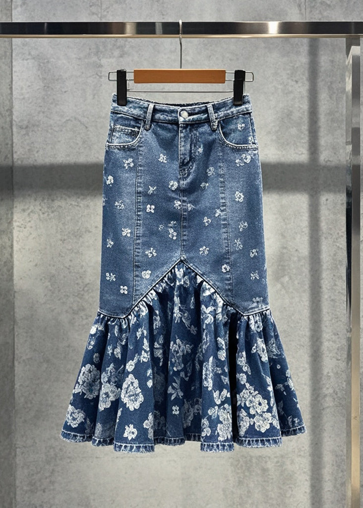 Boho Blue Print Silm Fit Denim Wraped Skirts Fall