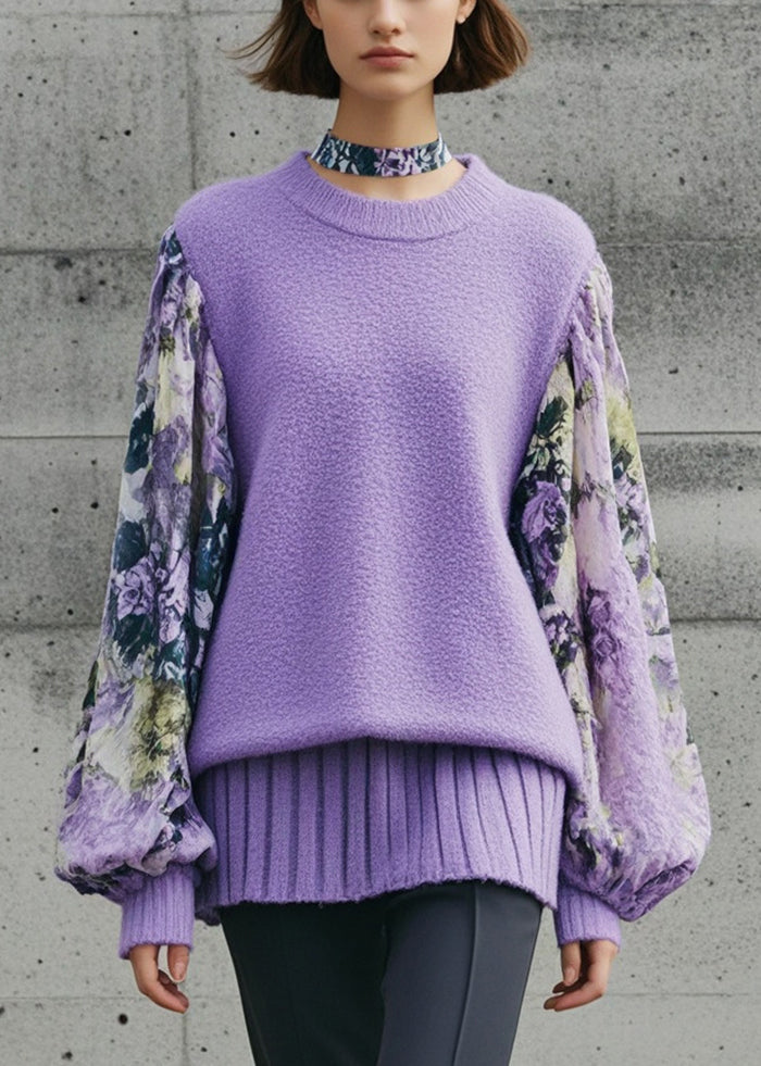 Boho Purple Oversized Patchwork Print Knitted Tops Lantern Sleeve