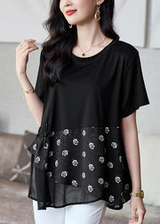 Boutique Black O Neck Print Patchwork Cotton Top Summer