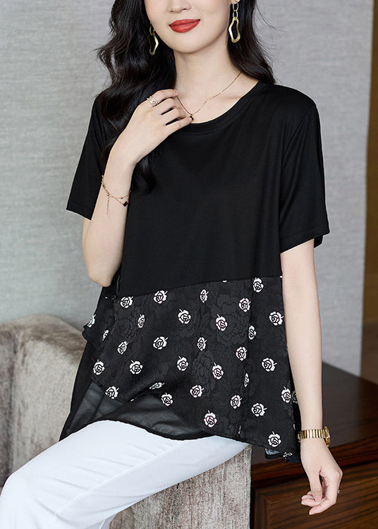 Boutique Black O Neck Print Patchwork Cotton Top Summer