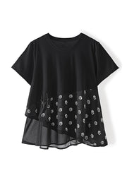 Boutique Black O Neck Print Patchwork Cotton Top Summer