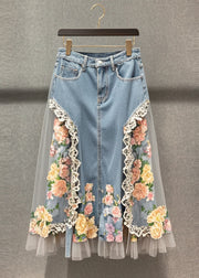 Boutique Light Blue Tulle Patchwork Flower Denim Skirts Fall