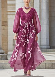 Boutique Purple Cinched Print Chiffon Long Dress Fall