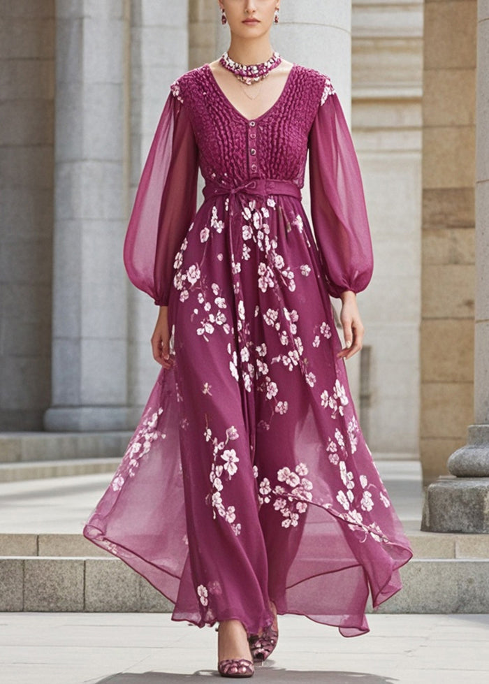 Boutique Purple Cinched Print Chiffon Long Dress Fall