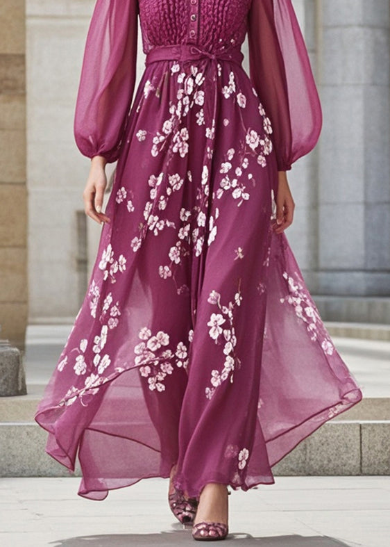 Boutique Purple Cinched Print Chiffon Long Dress Fall