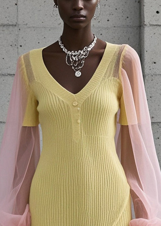 Boutique Yellow V Neck Patchwork Tulle Knit Mini Dress Fall