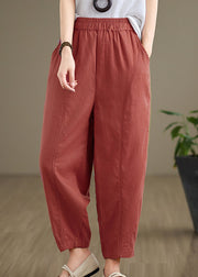 Brick Red Pockets Cotton Pants Elastic Waist Fall