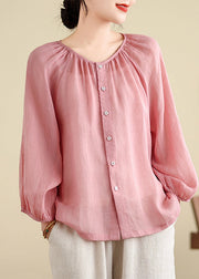 Brief Pink O-Neck Tops Puff Sleeve