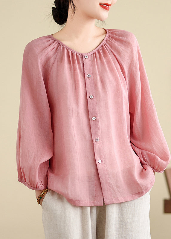 Brief Pink O-Neck Tops Puff Sleeve