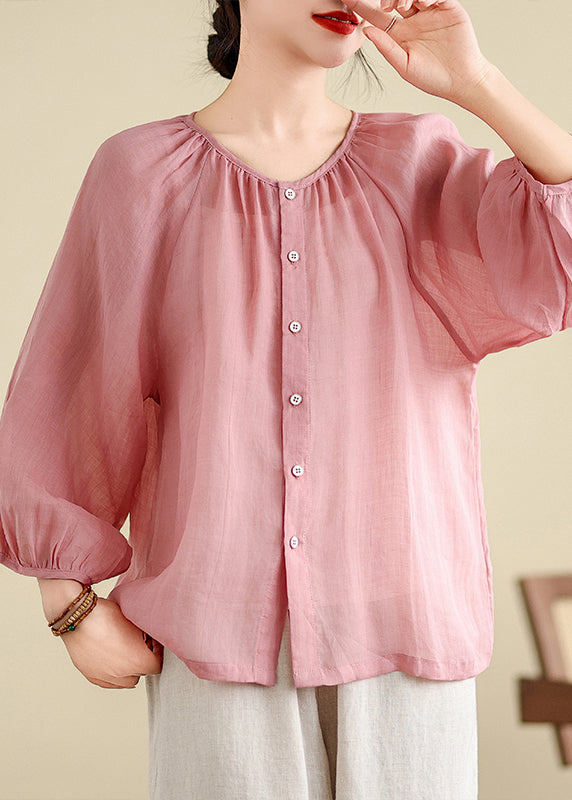 Brief Pink O-Neck Tops Puff Sleeve